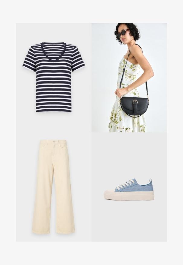 Tamsiai mėlynos ir baltos dryžuotos marškinėliai trumpomis rankovėmis, su v formos apykakle ir minkšta medvilnine medžiaga. Sukirpti laisvam siluetui.; Bežinės plačios kojos džinsai, pagaminti iš medvilnės. Turintys sagos uždarymą, diržo kilpas ir priekinės kišenes su lygia, švelnia tekstūra.; Šviesiai mėlyni drobės sportbačiai su kreminiu guminiu pirštų apsaugos ir pado elementu, balti raišteliai ir kilpa ant kulno.; Juodas odinis krepšys su išlenkta forma, nuimamu dirželiu ir auksiniais detalėmis. Krepšys turi kilpą su sagtimi.