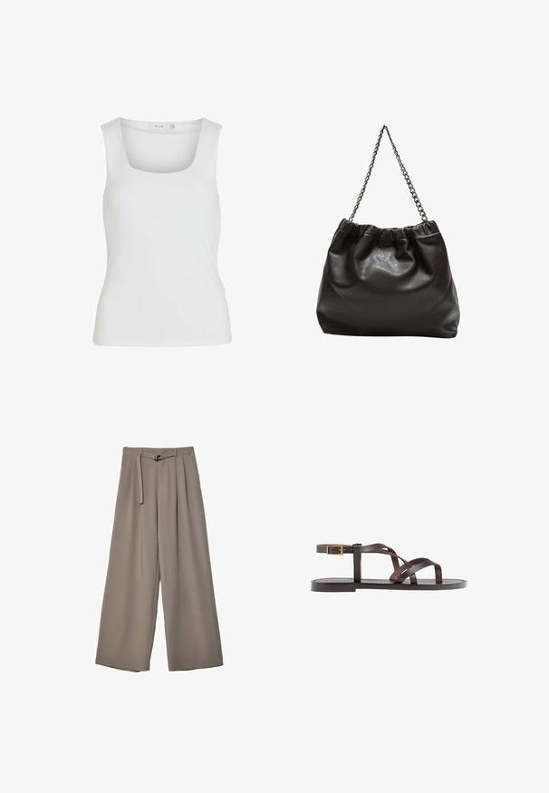 White sleeveless tank top with a square neckline, smooth texture, and a form-fitting design. Made from lightweight fabric.; Wide-leg trousers in a soft, muted grey fabric, featuring a belted waist and pleats for added design detail. Smooth texture, no patterns.; Brown leather sandal featuring crisscross straps, an ankle buckle closure, and a flat sole with minimal stitching details.; Brown leather bag with a gathered top and a chain strap. Smooth texture with a glossy finish and subtle seam detailing on the sides.