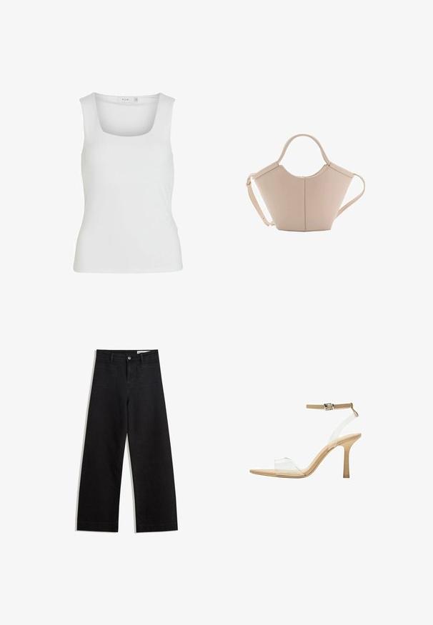 Top alb fără mâneci, cu decolteu pătrat, textură netedă și design ajustat. Fabricat dintr-un material ușor.; Pantaloni din denim negri cu picioare largi, cu talie înaltă, având buzunare frontale și posterioare, cusături dublate și închidere cu nasture. Textură netedă.; Sandalie cu toc transparent, cu un brad transparent, talpă bej și o curea subțire pentru glezna. Au vârf ascuțit și un toc subțire înalt.; Geantă de mână bej din piele cu o formă unică, dotată cu două mânere scurte și o curea lungă ajustabilă. Textură netedă, cu hardware minim.