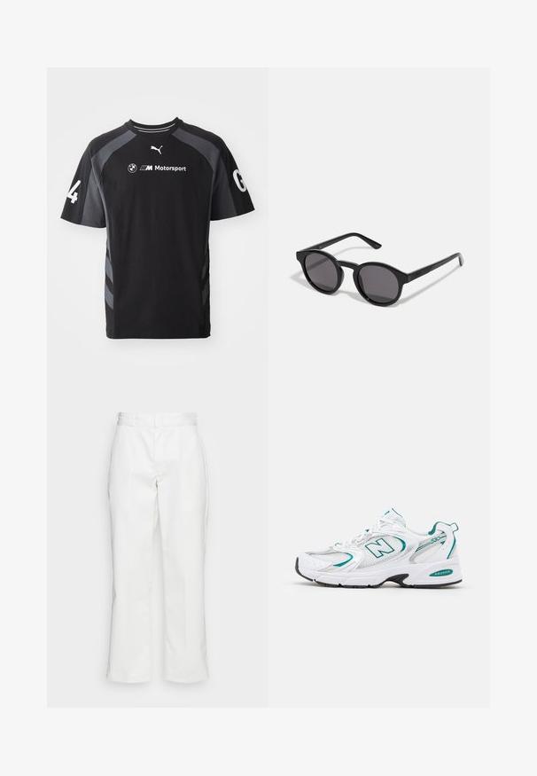 Melnas T-krekls ar pelēkiem akcentiem, īsām piedurknēm, apaļu kakla izgriezumu, ar BMW un Puma logo, kā arī ar ciparu '4' uz piedurknes.; Baltie kokvilnas bikses ar taisnu kāju dizainu, jostu cilpiņām un sānu kabatām, ar gludu tekstūru un minimālu apdari.; Baltās sporta kurpes ar sietveida un sintētiskām paneļiem, tirkīza akcentiem, noapaļota purngala daļa, auklu aizdare priekšpusē un melna gumijas zole.; Melnas saulesbrilles ar apaļu, nedaudz viļņotu rāmi, tumšiem lēcu un taisniem melniem kātiem. Gluda, spīdīga virsma bez redzamām kontūrām.