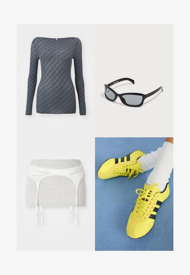 Sivi dugosleeve top s prilagođenim oblikom, s ponavljajućim uzorkom logotipa i širokim izrezom, izrađen od glatkog, laganog materijala.; Sivi pamučni materijal s jaknom s bijelim satenskim pojasom i četiri podesive vrpce za svrhu podvezice. Glatka tekstura, prilagođen dizajn.; Sjajne žute atletske cipele s crnim prugama i vezicama; sadrže teksturirani gornji deo i akcentne detalje od antilopa. Nisu su na nogama s bijelim rebrastim čarapama.; Crne sunčane naočale s elegantnim, suvremenim dizajnom. Imaju siva stakla i sjajne plastične okvire. Uključuju male metalne detalje i oznaku branda na dršci.; Crna kožna torba s dva kratka ručka, srebrnim detaljima, bijelim naglascima i bijelim logotipom. Ima teksturiranu površinu i kompaktni dizajn.