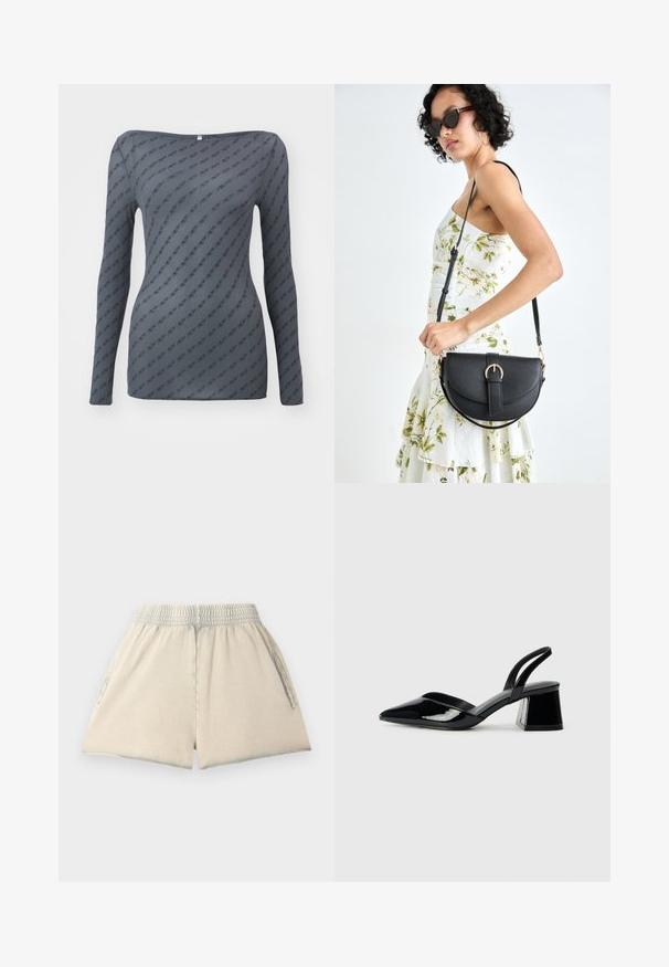 Grijs langarmig shirt met een getailleerde pasvorm, voorzien van een herhalend logo patroon en een brede halslijn, gemaakt van een gladde, lichte stof.; Lichtbeige katoenen shorts met een elastische tailleband, twee zijzakken en een losse pasvorm. De stof heeft een zachte textuur en een ontspannen vorm.; Zwarte gepatineerde leren slingback hakken met een spitse neus en een geometrische blokhak. Kenmerkt zich door een slank, minimalistisch ontwerp en een gladde textuur.; Zwarte leren handtas met een gebogen vorm, afneembare schouderband en gouden hardware. De tas heeft een klep met een gespsluiting.