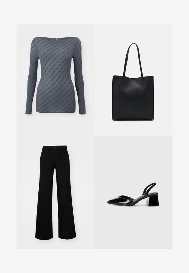 Gray long-sleeve top with a fitted shape, featuring a repeating logo pattern and a wide neckline, made from a smooth, lightweight fabric.; Black wide-leg pants made of denim, featuring a structured waistband, belt loops, and front pockets. Smooth texture with a classic design.; Black patent leather slingback heels with a pointed toe and a geometric block heel. Features a sleek, minimal design and smooth texture.; Black leather tote bag with smooth texture, rectangular shape, and two long handles. No visible hardware or embellishments.
