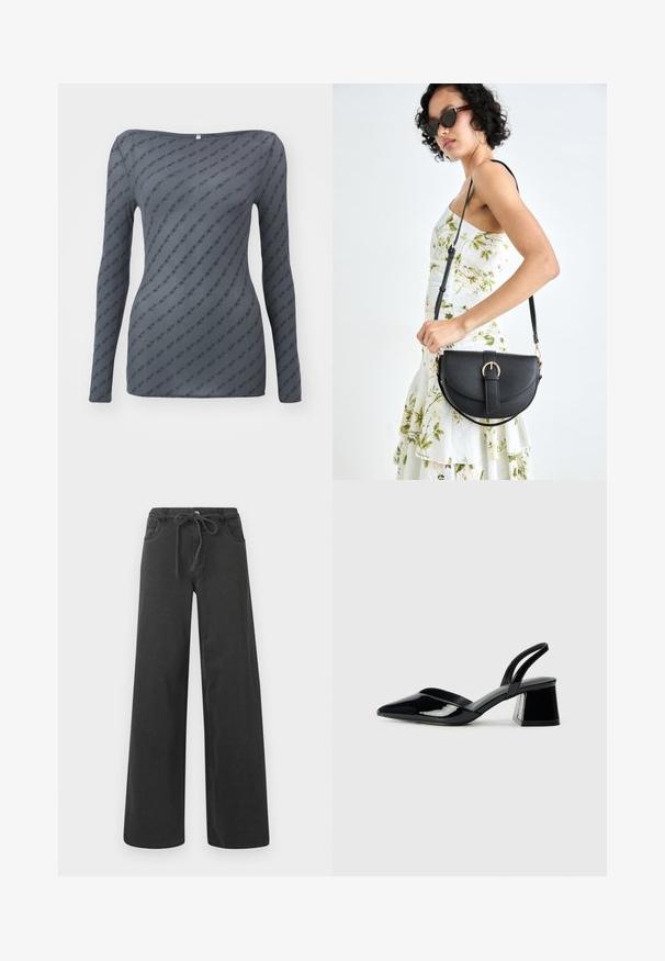 Gray long-sleeve top with a fitted shape, featuring a repeating logo pattern and a wide neckline, made from a smooth, lightweight fabric.; Black wide-leg jeans made of denim, featuring a drawstring waist, two front pockets, and a smooth texture. No visible patterns or accents.; Black patent leather slingback heels with a pointed toe and a geometric block heel. Features a sleek, minimal design and smooth texture.; Black leather handbag with a curved shape, detachable strap, and gold hardware. The bag features a flap with a buckle detail.