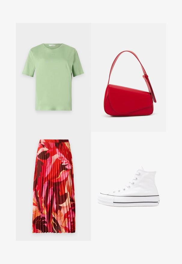 Világoszöld, rövid ujjas póló, puha anyagból készült. Kerek nyakkivágással és kis domború logóval rendelkezik a mellkasán. Egyszerű dizájn.; Virágmintás blúz hosszú puffos ujjakkal, világos krém alapon, lila, narancs és zöld virágmintázattal, klasszikus gallér dizájnnal.; Red, rózsaszín és barna virágmintás, pliszírozott maxi szoknya. Az elasztikus derékpánt és a sima textúra növeli a kényelmet és a stílust.; Fehér magaskorsó vászon sportcipő fekete gumi talppal, elülső gumi orrnyereggel és hat fűzőlyukkal, letisztult, minimalista dizájnnal.; Piros bőr kézitáska szögletes, geometrikus kialakítással. Egy állítható pánttal és varrott részletekkel ellátott fedélzárral rendelkezik.