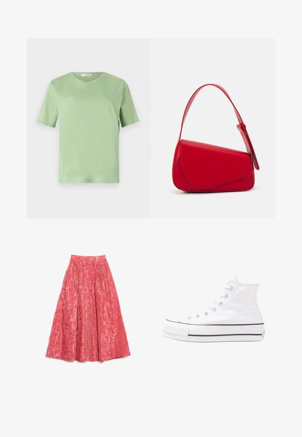 Light green short-sleeve t-shirt made of soft fabric. Features a crew neckline and small embossed logo on the chest. Simple design.; Floral blouse with long puff sleeves, light cream base, featuring purple, orange, and green floral patterns, and classic collar design.; Flowing coral maxi skirt made of textured fabric, featuring a floral pattern with small white accents and pleats for volume.; White high-top canvas sneaker with black rubber sole, front rubber toe cap, and six eyelets for laces, featuring a clean, minimalist design.; Red leather handbag with an angular, geometric design. Features a single adjustable strap and a flap closure with stitched detailing.