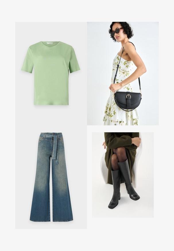 Lys grøn t-skjorte med korte ermer laget av mykt stoff. Har rund halsutringning og liten preget logo på brystet. Enkelt design.; Bredde ben jeans med en lyseblå til mørkeblå gradient, høyt liv, beltehemper og et matchende belte i samme stoff. Teksturert denimoverflate.; Knæhøye sorte lærstøvler med firkantet tå og blokkhelt, vist med en modell som sitter iført en olivengrønn kåpe. Glatt tekstur, minimal detaljering.; Svart lærveske med en buet form, avtagbar stropp og gullbeslag. Vesken har et klaff med spenne-detall.