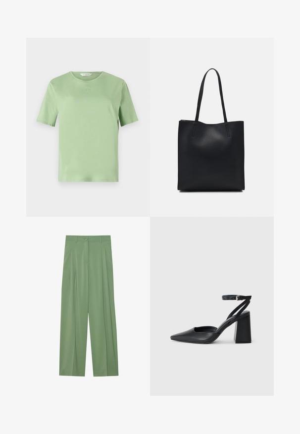 Ljusgrön kortärmad t-shirt gjord av mjukt tyg. Har en rund halsringning och en liten präglad logotyp på bröstet. Enkelt design.; Gröna vida byxor i mjukt tyg. Har veck framtill, en enkel knappstängning och bältesöglor.; Svart läderpumps med spetsig tå, ankelrem och kraftig klack. Slät textur, stilren design och minimalistisk estetik.; Svart lädertoffelväska med slät textur, rektangulär form och två långa handtag. Ingen synlig hårdvara eller dekorationer.