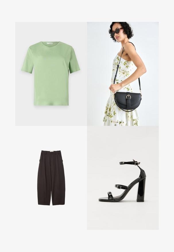 Helle grüne Kurzarm-T-Shirt aus weichem Stoff. Hat einen Rundhalsausschnitt und ein kleines eingeprägtes Logo auf der Brust. Einfaches Design.; Schwarze weit geschnittene Hosen aus einem glatten Stoff, mit hoher Taille, Frontfalten und Seitentaschen. Schlichtes Design ohne Verzierungen.; Schwarze Lackleder-Sandalen mit hohen Absätzen, zwei Riemen mit Schnallen, quadratischer Zehenpartie und klobigem Blockabsatz, mit einer glatten, glänzenden Textur.; Schwarze Lederhandtasche mit geschwungener Form, abnehmbarem Tragegurt und goldenen Beschlägen. Die Tasche verfügt über einen Deckel mit einer Schnallen-Details.