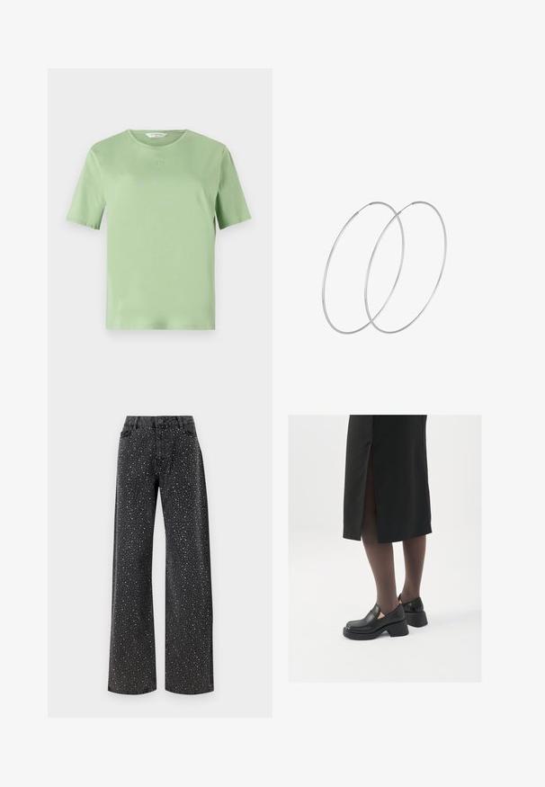 Gaiši zaļa īsām piedurknēm T-krekls, kas izgatavots no mīkstas auduma. Iespējo apaļu kakla izgriezumu un nelielu iegravētu logotipu uz krūšu daļas. Vienkāršs dizains.; Noisy May NMJANNEL LOOSE - Brīva piegriezuma džinsi - black denim; Melni ādas apavi ar noapaļotu purngalu, biezām bloku papēžiem un elastīgiem sānu akcentiem, apvienoti ar tumšām zeķubiksēm un melnu svārku ar šķirbu.; Sudraba gredzenveida auskari ar minimālistisku dizainu. Cirkulāra forma, gluda tekstūra un plāns profils. Vieglu svaru ar spīdīgu apdari.