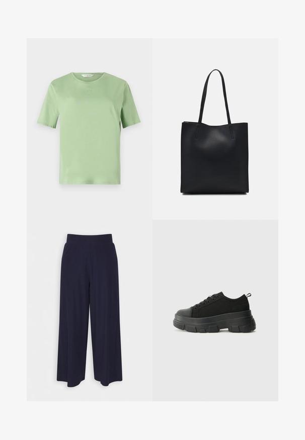 Lys grøn t-skjorte med korte ermer laget av mykt stoff. Har rund halsutringning og liten preget logo på brystet. Enkelt design.; Bredde bukser i mørk marineblå stoff med ribbet tekstur. Har en glatt midje og en luftig silhuett, som når midt på leggen.; Svarte sneakers med en kraftig gummisåle, teksturert stoffoverdel, rund tå og snøring. Har forsterkede snørehull og bakre trekkstang.; Svart lær tote bag med glatt tekstur, rektangulær form og to lange håndtak. Ingen synlige deler eller dekorasjoner.