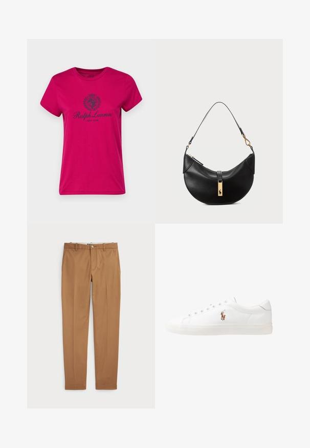 Fuksijas krāsas kokvilnas T-krekls ar apaļu kakla izgriezumu, īsām piedurknēm, ar melnu logotipu, kurā ir korona un lauvas detaļas, kā arī teksts "Ralph Lauren New York".; Brūni kokvilnas bikses ar šauru piegriezumu, plakanu priekšpusi un standarta kabatām; gluda tekstūra un apšūti manšetes.; Baltas ādas sporta apavi, zema dizaina, ar gludu tekstūru, noapaļotu purngalu, ar auklēm priekšpusē un nelielu izšūtu logotipu sānos.; Melnas ādas rokas soma pusmēness formas. Iezīmē zelta metāla akcentus un šauru siksniņu. Gluda tekstūra, rāvējslēdzēja aizdare augšpusē.