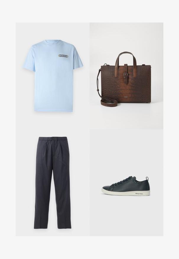 Light blue cotton t-shirt featuring a round neckline and short sleeves. Embroidered design with overlapping circles in yellow, red, and blue.; Dark navy trousers made of soft fabric with a pleated front design and elastic waistband. Features a button closure and straight-leg cut.; Dark navy leather sneaker with a smooth finish, rounded toe, six eyelet lacing, and contrasting white rubber sole. Features branding on the side.; Brown crocodile-embossed leather handbag with top handles and a detachable shoulder strap. Features a buckle closure and rectangular shape.