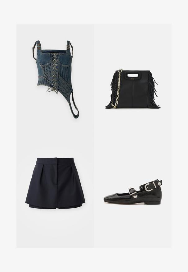 Feng Chen Wang SEAMING DECONSTRUCTED CORSAGE - Top - blue; Pantaloni corti plissettati di colore blu navy con vita alta, realizzati in tessuto liscio. Presentano un design aderente e una tasca frontale nascosta.; Scarpa flat in vernice nera con punta quadrata, cinturino alla caviglia con hardware in argento e suola piatta. Texture liscia con design minimalista.; Borsa a tracolla in pelle nera con dettagli a frangia, catena dorata e manico ritagliato. Presenta il logo sulla parte anteriore.