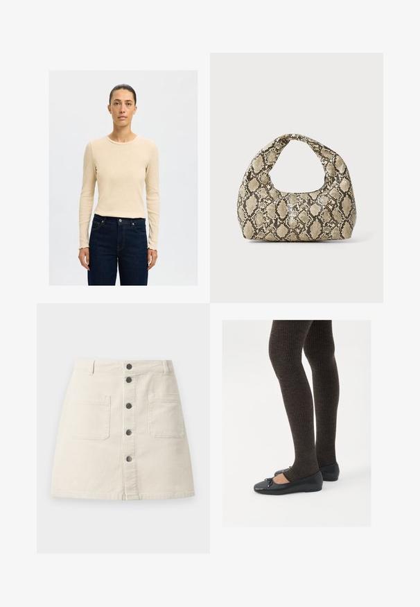 Bēša ribota blūze ar garām piedurknēm un apaļu dekoltē, saskaņota ar tumši zila džinsa biksēm ar kontrastu šuvēm un pogu aizdari.; Bēša korduroja mini svārki ar priekšējo pogu aizdari, divām lielām kabatām un jostas cilpiņām jostasvietā.; Melnas plakano formas kurpes ar mazu loku uz pirksta, apvienotas ar tumši brūnām ribotām zeķubiksēm. Kurpēm ir gluda tekstūra un zems profils.; Čūsku raksta soma ar izliekto rokturi. Izgatavota no teksturētiem, bēšiem un brūniem materiāliem, ar izteiksmīgu dimanta rakstu.