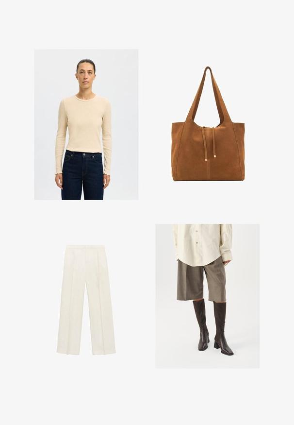 Beige geripptes Langarmshirt mit runder Ausschnitt, kombiniert mit dunkelblauen Jeans aus Denim mit Kontrastnähten und einer Knopfschließe.; Weit geschnittene Hosen in einem hellen cremefarbenen Farbton. Hergestellt aus einem glatten Stoff mit Falten an der Vorderseite und seitlichen Taschen.; Braune knöchelhohe Stiefel mit quadratischer Zehenpartie und Blockabsatz, kombiniert mit einem beigen Oversized-Hemd und braunen karierter Culotte.; Braune Wildleder-Tasche mit zwei langen Trägern, Zugverschluss und minimalistischem Design. Glatte Textur und keine sichtbaren Hardware-Details.