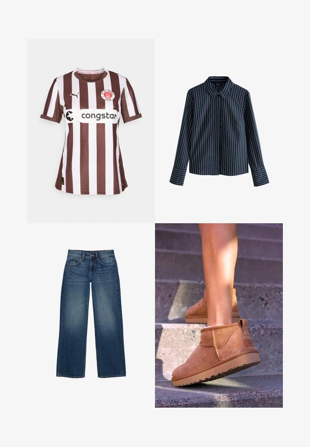 Maglia a righe marrone e bianca con maniche corte e collo tondo, caratterizzata da una toppa con logo e testo dello sponsor sul davanti. Realizzata in tessuto testurizzato.; Camicia a maniche lunghe blu navy con righe verticali bianche, colletto e chiusura frontale con bottoni. Presenta una vestibilità sagomata e maniche con polsini.; Jeans in denim blu a gamba larga, con un effetto lavato, design a cinque tasche e cuciture a contrasto. Chiusura con bottone e zip.; Stivali alla caviglia in suede beige con una consistenza morbida, dettagli cuciti e suola in gomma, dotati di un tacco ad anello per una facile vestibilità.