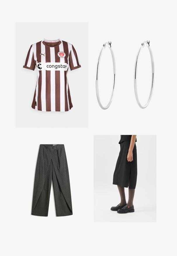 Hnedo-biely pruhovaný dres s krátkymi rukávmi a okrúhlym výstrihom, s nášivkou loga a textom sponzora na prednej strane. Vyrobené z textúrovanej tkaniny.; Šedé pruhované nohavice s uvoľneným strihom, vybavené jedným gombíkom, skladmi a širokými nohavicami.; Čierna sukňa po kolená so bočným rozparkom, skombinovaná s čiernymi mokasínami a priehľadnými hnedými pančuchami, s hladkým materiálom a jednoduchým dizajnom.; Strieborné kruhové náušnice s hladkým, lesklým povrchom a tenkým, kruhovým tvarom. Dizajn obsahuje bezpečné zapínanie.