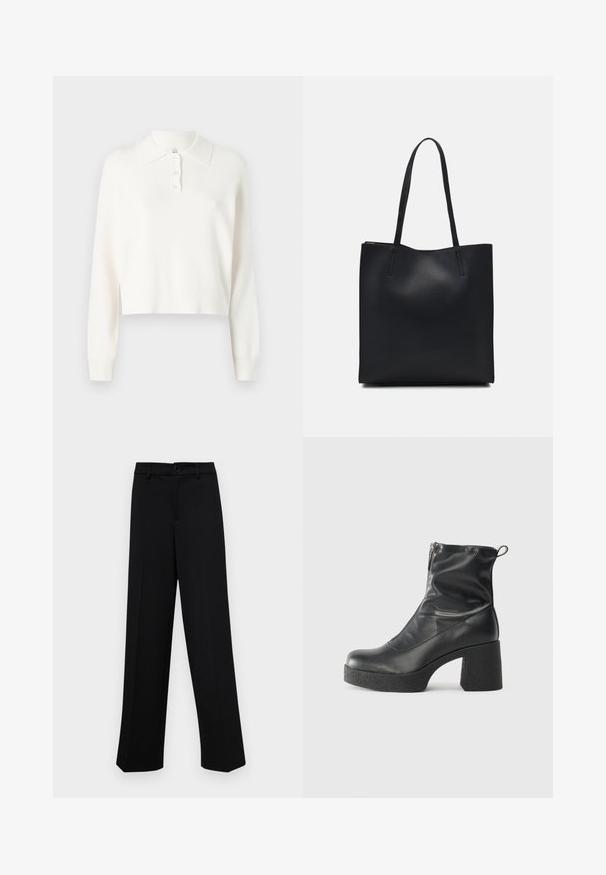 White cropped sweater with a polo collar, featuring a four-button placket and long sleeves. Made of soft, textured fabric.; Black wide-leg trousers made of smooth fabric, featuring a classic waistband with a button closure and front pleats.; Black ankle boots made of smooth leather, featuring a side zipper, chunky textured heel, and rounded toe design.; Black leather tote bag with smooth texture, rectangular shape, and two long handles. No visible hardware or embellishments.