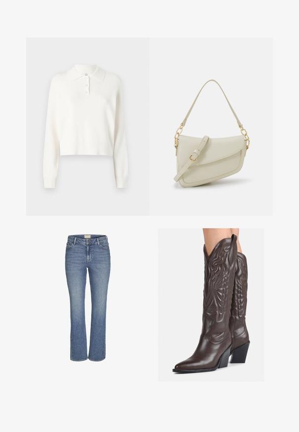 Weißer, kurz geschnittener Pullover mit Polokragen, ausgestattet mit einer Vier-Knopf-Leiste und langen Ärmeln. Hergestellt aus weichem, strukturiertem Stoff.; Mitteldicke, gerade geschnittene Jeans in Blau mit vorderem Knopf- und Reißverschluss, Gürtelschlaufen sowie Vorder- und Hintertaschen.; Braune Leder-Cowboy-Stiefel mit spitzem Punkt und Blockabsatz, die über detaillierte Stickereien und hervorgehobene Akzente am Schaft verfügen.; Kleine cremefarbene Handtasche mit strukturiertem Finish, einem langen verstellbaren Tragegurt, einem Kettenakzent und einem Klappenverschluss. Goldene Hardware-Details.; Silberne Creolen mit gedrehter Gestaltung, ausgestattet mit einer polierten Oberfläche und einer Steckverschluss. Sie haben einen Durchmesser von ca. 3 cm.