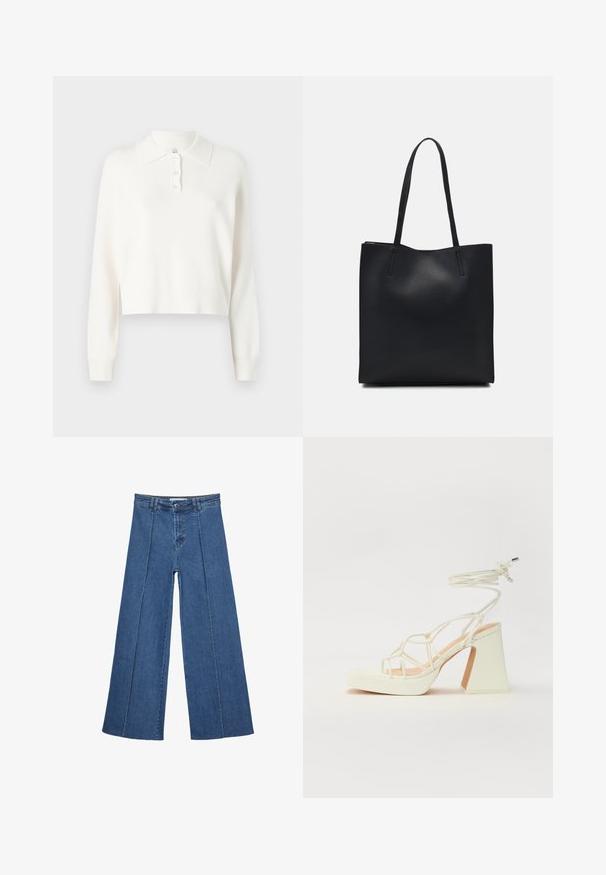 White cropped sweater with a polo collar, featuring a four-button placket and long sleeves. Made of soft, textured fabric.; Wide-leg denim jeans in medium blue, featuring a high waist, button closure, and contrasting vertical seam details along the front.; White high-heeled sandal with a chunky heel, featuring a strappy design and ankle tie. Smooth texture with a platform front for added height.; Black leather tote bag with smooth texture, rectangular shape, and two long handles. No visible hardware or embellishments.