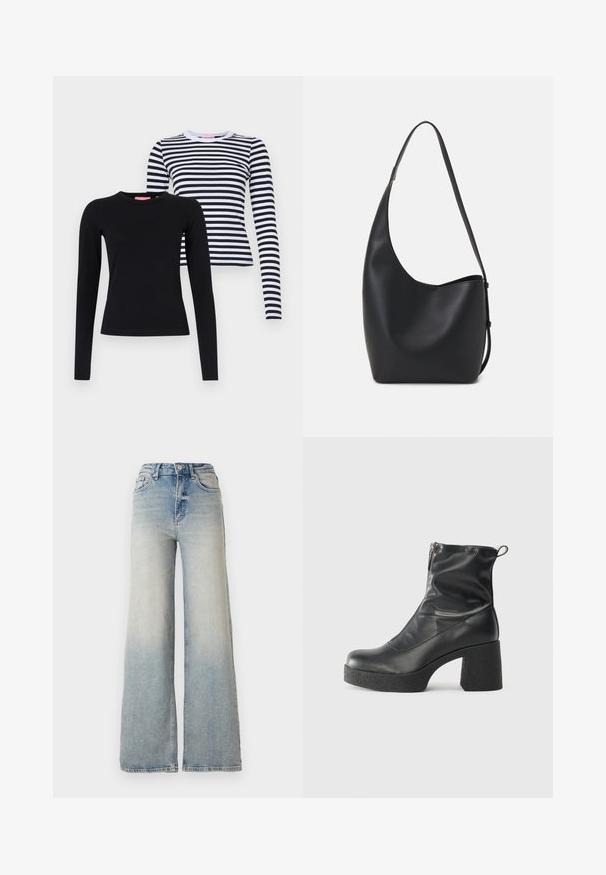 Du švarkai su ilgomis rankovėmis: vienas vientisas juodas, kitas baltas su juodomis horizontaliomis juostomis. Abu turi apvalius kaklo iškirpimus ir prigludusius modelius.; Šviesiai mėlynus plačius džinsus, pagamintus iš džinsinio audinio, su aukštu liemeniu, penkiomis kišenėmis ir matomais siūlėmis.; Juodos kulkšninių botai, pagaminti iš lygaus odos, su šoniniu užtrauktuku, masyviu tekstūruotu kulnu ir apvaliu pirštu.; Juodas odinis hobo maišas su lygiu paviršiumi, kreipta forma ir viena reguliuojama rankena; turi platų atidarymą viršuje.