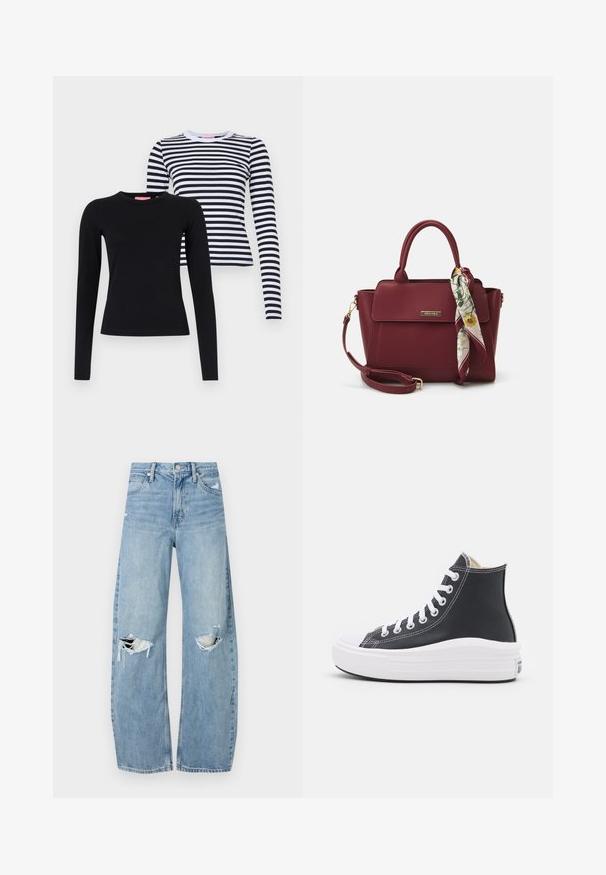 Du švarkai su ilgomis rankovėmis: vienas vientisas juodas, kitas baltas su juodomis horizontaliomis juostomis. Abu turi apvalius kaklo iškirpimus ir prigludusius modelius.; Šviesiai mėlynos, aukštu juosmeniu džinsai pagaminti iš džinsinio audinio. Turi plačias kojų kelnes, dvi suplėšytas kelio vietas ir klasikinį penkių kišenių dizainą.; Juoda aukšta sneaker su baltais raišteliais ir guminiu padu. Yra lygaus odos tekstūros ir baltos siūlės akcentais.; Bordo rankinė, pagaminta iš sintetinių medžiagų, su struktūrizuotu dizainu, turinti nuimamą dirželį ir gėlių raštą turinčią skarą, pririštą prie rankenos.