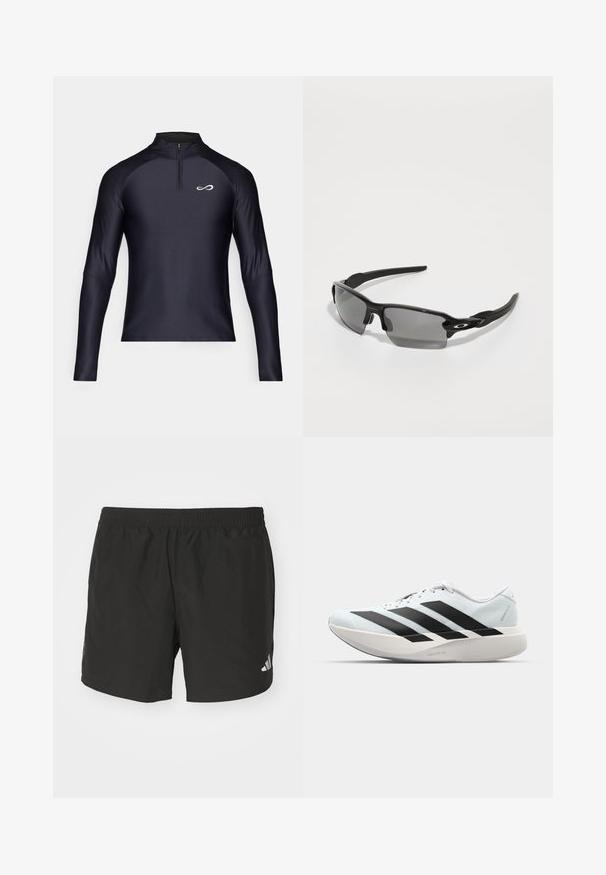 Endless EPIC - Pikkade varrukatega topp - black/white; Mustad mustus treeningpükstest elastse vöökoha, külgrihmade ja peegeldavate logo elementidega. Valmistatud kergest ja siledast kangast.; Kerged jooksujalatsid helesinises värvuses mustade triipudega. Omavad siledat pealispinda, ümarat varvase osa ja paksu valget vahemõõtu, millel on silt "LIGHTSTRIKE PRO".; Mustad must sportlikud prillid hallide läätsedega, kõverate raamide kujundus ja logodetail küljel. Valmistatud kergest plastmaterjalist.