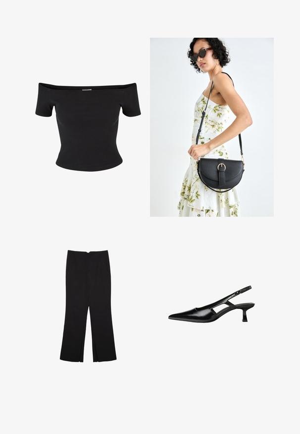 Czarny top na ramiączkach wykonany z prążkowanej tkaniny, z krótkimi rękawami i dopasowanym krojem, o gładkiej fakturze i prostych liniach.; Czarne spodnie o prostym kroju, z przednimi kieszeniami i bocznymi rozcięciami na dole. Wykonane z miękkiego, gładkiego materiału. Odpowiednie na różne okazje.; Czarne lakierowane czółenka na odkrytej pięcie z wąskim noskiem, z wykrojem po bokach i małym kwadratowym obcasem. Gładka faktura z minimalnymi akcentami.; Czarna skórzana torebka o zakrzywionym kształcie, z odpinanym paskiem i złotymi akcentami. Torebka posiada klapę z zapięciem w kształcie klamry.