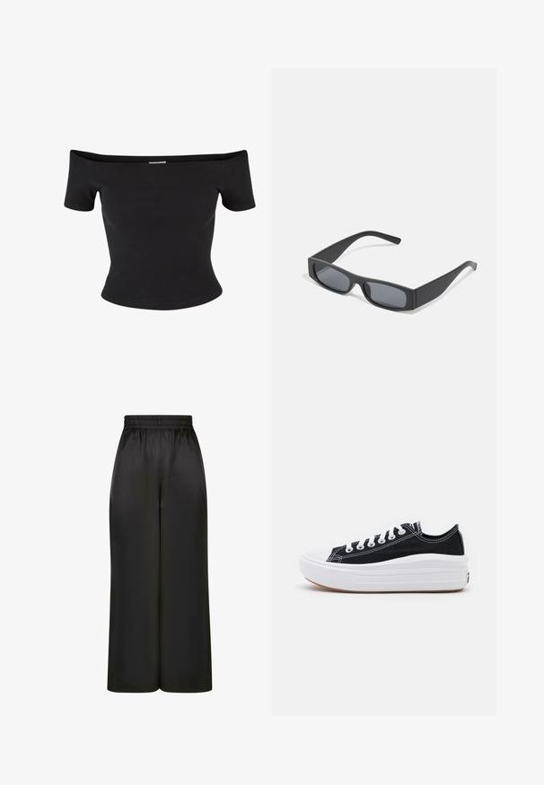 Černý top bez ramínek vyrobený z hladkého žebrovaného materiálu, s krátkými rukávy a přiléhavým střihem, s jemnou texturou a čistými liniemi.; Černé široké kalhoty vyrobené z hladké, lesklé látky, s elastickým pasem bez viditelných kapes nebo kovových detailů.; Černé plátěné tenisky s bílými tkaničkami, bílým gumovým špičkovým krytem a masivní bílou střední podrážkou. Mají jemné bílé švy a gumovou podešev.; Černé obdélníkové sluneční brýle s tmavými skly a tlustými matnými rámy. Stranice jsou mírně zúžené s hladkým povrchem.