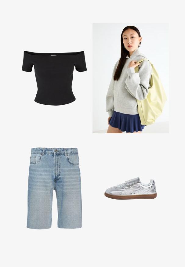 Juodas offt-shoulder viršus, pagamintas iš raukšlėtos medžiagos, su trumpomis rankovėmis ir prigludusia forma, su lygiu paviršiumi ir švariais linijomis.; Šviesiai mėlyni džinsiniai šortai su klasikinio penkių kišenių dizainu, mygtuko uždarymu, tiesiu palaidumu ir subtiliu medžiagos blukimu.; Pepe Jeans Sportbačiai - silver-coloured; Pilkos spalvos per didelis džemperis su kengūros kišene, derinamas su tamsiai mėlynu plačiu sijonu. Acessuaras: didelė šviesiai geltona kuprinė, lygaus paviršiaus.