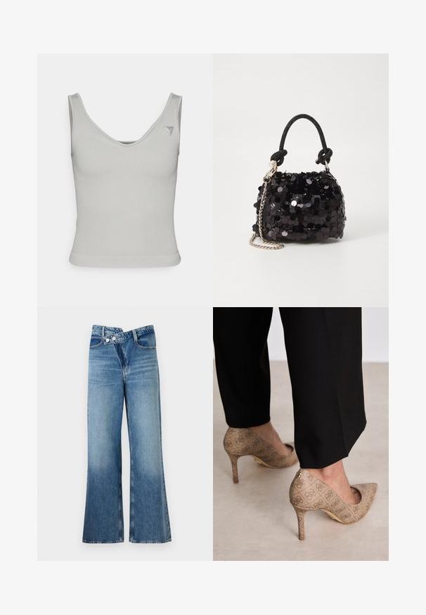 Gai pelēks ribots bez piedurknēm tops ar apaļu dekoltē, pieguļoša forma un šauri plecu siksniņas; tam ir neliels logo uzlīme augšējā labajā stūrī.; Gai zils džinsu auduma bikses ar platām kājām un augstu vidukli, kurām ir divi pogas un priekšējās kabatas. Audumam ir izbalējusi tekstūra ar smalkām variācijām.; Bežīgas augstpapēžu kurpes ar teksturētu audumu, kas rotāts ar atkārtotu rakstu. Norādītā pirksta dizains ar aizmugurējo akcentu un zelta papēža detaļām.; Melna spīguļota mini rokas soma ar mezglotu teksturētu siksniņu un sudraba ķēdi. Apaļa forma ar sakopotām malām un atstarojumu detaļām.