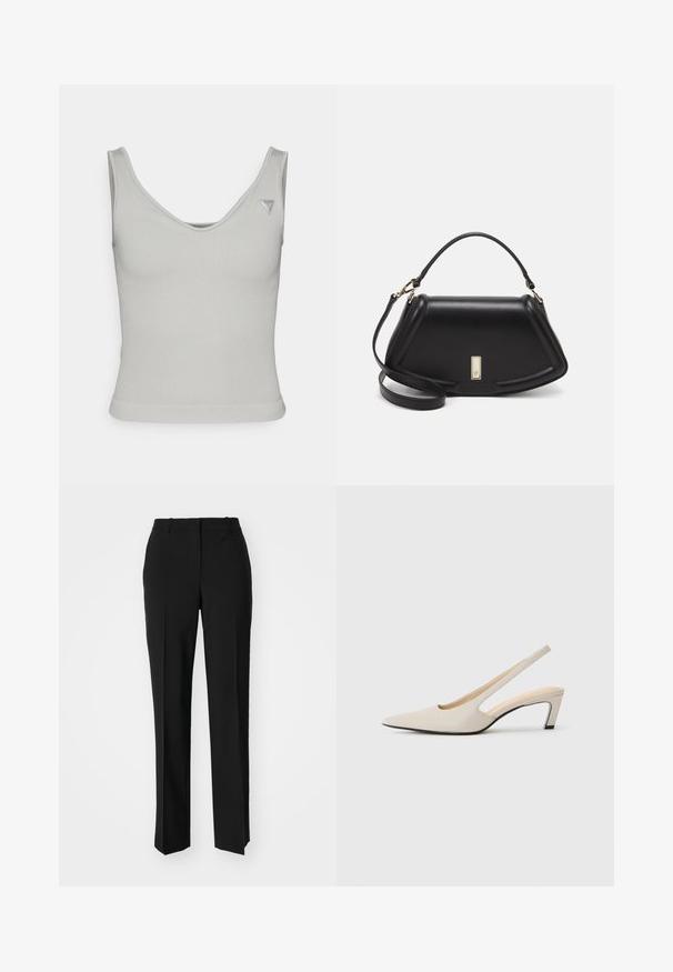 Vaaleanharmaa ribattava hihaton paita, jossa on avara kaula-aukko, nojautuva muoto ja kapeat olkaimet; sisältää pienen logotarran oikeassa ylhäisessä kulmassa.; Mustat räätälöidyt housut suoraa lahjetta, joissa on sileä pinta ja terävät taitteet edessä. Ei näkyvää metalliosaa.; Sandaali kanga-ali kupa mawe ya rangi beige, yenye muundo wa kipande kilichokatwa, kisigino cha sentimita 5, na uso laini. Inaburudisha na mguu mweusi.; Mustalla nahkalaukulla, jossa on jämäkkä muotoilu, lyhyt malli, yläkahva ja kultaiset yksityiskohdat. Säädettävä olkahihna sisältyy.