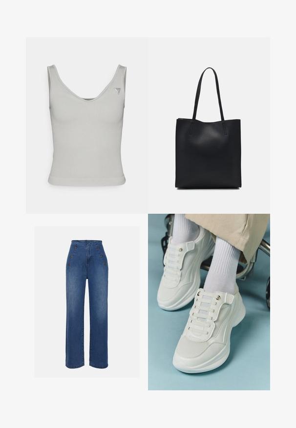 Svijetlosiva rebrasta majica bez rukava s izrezom oko vrata, prilagođenim oblikom i uskim naramenicama; sadrži malu oznaku s logotipom na gornjem desnom dijelu.; Traperice visokog struka u srednje plavoj boji. Imaju detalje s prednjim dugmadi i široki kroj. Tkanina ima glatku teksturu s blagim izblijedjenjem.; Bijele tenisice s mrežastim materijalom, gumeni potplat, dizajn bez vezica s elastičnim trakama i zlatnim detaljima.; Crna kožna torba za nošenje s glatkom teksturom, pravokutnim oblikom i dvije duge ručke. Nema vidljivih metalnih dijelova ili ukrasa.