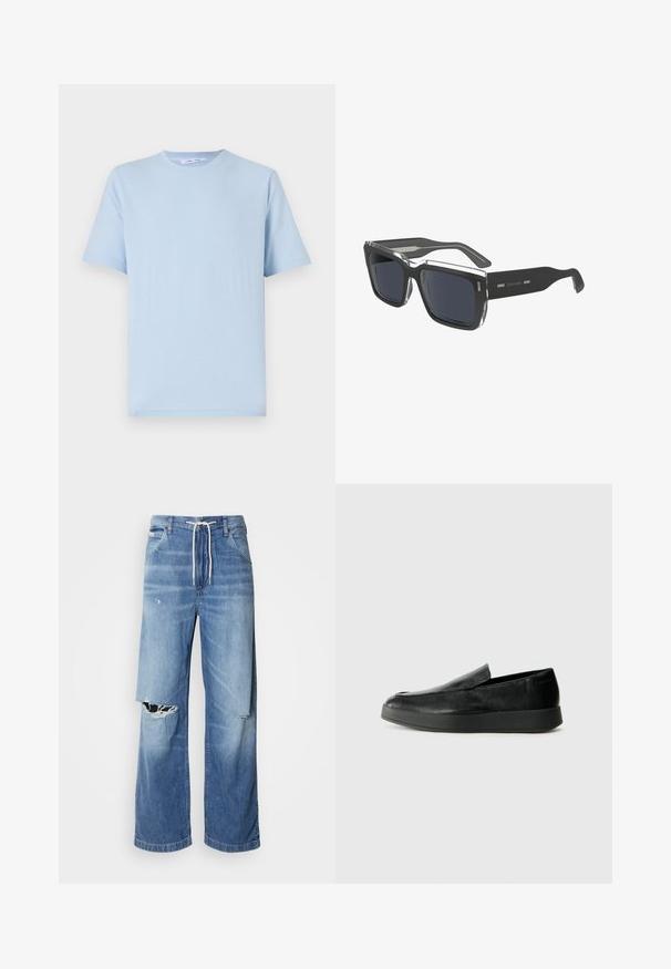 Világoskék, rövid ujjú póló, puha pamutból készült. Kerek nyakkivágással és laza szabással rendelkezik, sima textúrájú, látható minták nélkül.; Világoskék farmernadrág laza szabással, fehér húzózsinóros derékpánttal, a elején jellegzetes szakításokkal, amelyeken cérnával szelektált szélek láthatók.; Calvin Klein HYBRID CUP - Belebújós cipők - triple black; Fekete, téglalap alakú napszemüveg sötétszürke lencsékkel, áttetsző keretvéggel és elegáns, egyszínű fekete szárakkal. A szárakon a "Calvin Klein" logó látható.