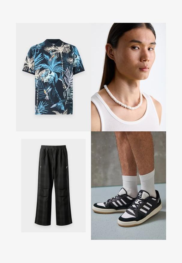 Jūras spēku polo krekls ar krāsainu tropisko rakstu, kurā ir palmu lapas un putni, izgatavots no mīkstas kokvilnas auduma ar klasisko apkakli.; Melnas kvadrātveida bikses ar elastīgu jostu, divām priekšējām kabatām un brīvu piegriezumu ar taisnām kājām. Izgatavotas no viegla materiāla.; Melnas un baltas kedas ar zamša un ādas augšdaļu, kas aprīkotas ar trim baltām svītrām, perforētu purngali un gumijas zolēm.; Balta čaulu kaklarota, kas sastāv no neregulārām formām, valkāta virs pieguļošas baltas topiņas. Gluda tekstūra ar smalku spīdumu, cieši piegulošs dizains.