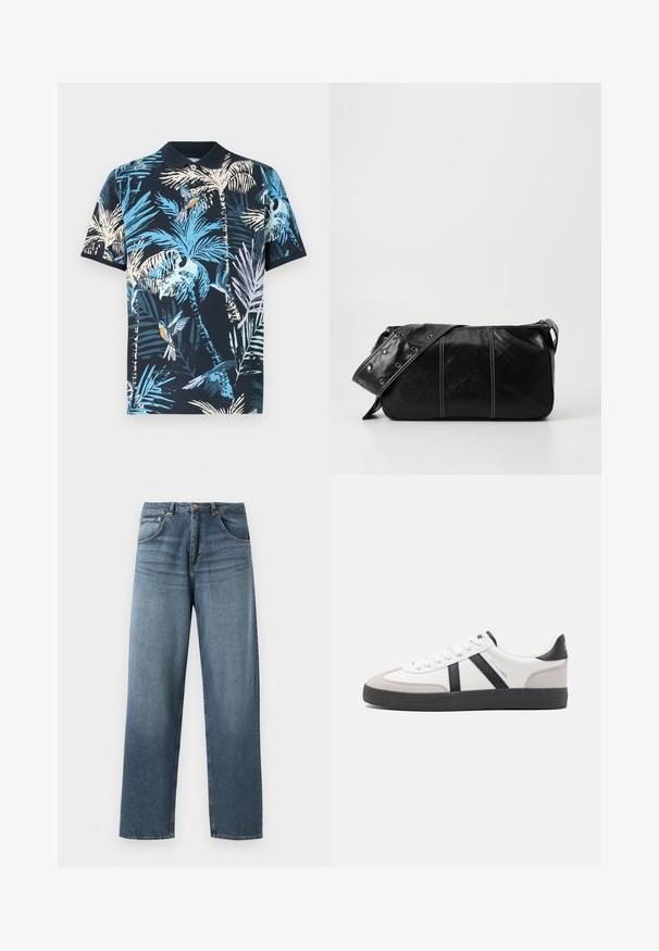 Granatowa koszulka polo z kolorowym tropikalnym wzorem przedstawiającym liście palmowe i ptaki, wykonana z miękkiej bawełny i z klasycznym kołnierzykiem.; Proste niebieskie dżinsy o wypłukanym kolorze, z pięcioma kieszeniami, metalowym guzikiem i szlufkami na pasek. Strukturalny, średniej gramatury materiał.; Białe sneakersy z czarnymi i szarymi akcentami, z teksturowanym szarym czubkiem, czarną gumową podeszwą i płaskimi białymi sznurowadłami. Czysty design, minimalistyczny styl.; Czarna skórzana torba na ramię z zamkiem błyskawicznym, charakteryzująca się teksturowanym korpusem, białymi przeszyciami oraz paskiem z srebrnymi osłonkami.