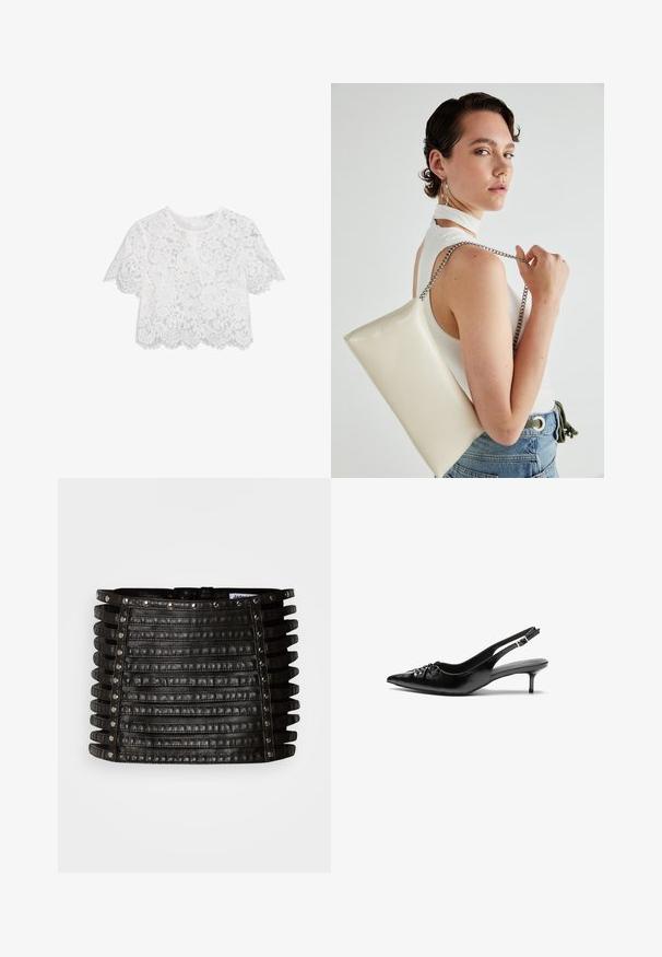 White lace crop top with short sleeves, floral pattern, scalloped hem, and a subtle textured finish. Features a back zipper closure.; Black leather mini skirt with horizontal strap detailing and silver studs along the top edge and vertical sides.; Black leather slingback heels with a pointed toe, small kitten heel, and a decorative knot detail on the front. Smooth texture throughout.; White rectangular clutch bag made of glossy material, featuring a silver chain strap. Model poses, showcasing the bag against a plain background.