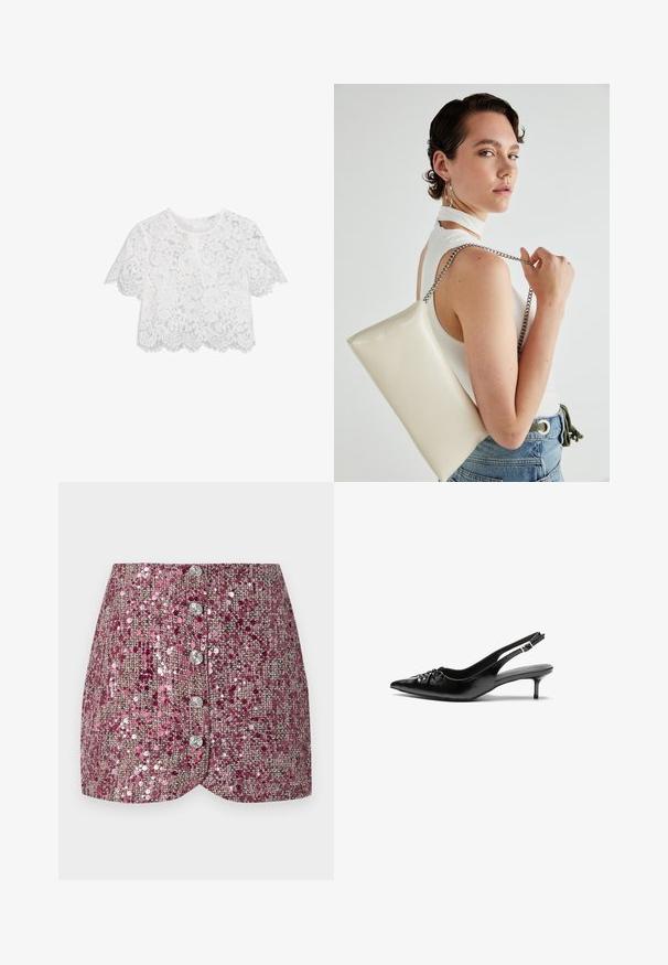 White lace crop top with short sleeves, floral pattern, scalloped hem, and a subtle textured finish. Features a back zipper closure.; Pink sequin skirt with a textured weave, featuring a fitted design and five silver buttons down the front. Shaped hem and shimmering accents.; Black leather slingback heels with a pointed toe, small kitten heel, and a decorative knot detail on the front. Smooth texture throughout.; White rectangular clutch bag made of glossy material, featuring a silver chain strap. Model poses, showcasing the bag against a plain background.