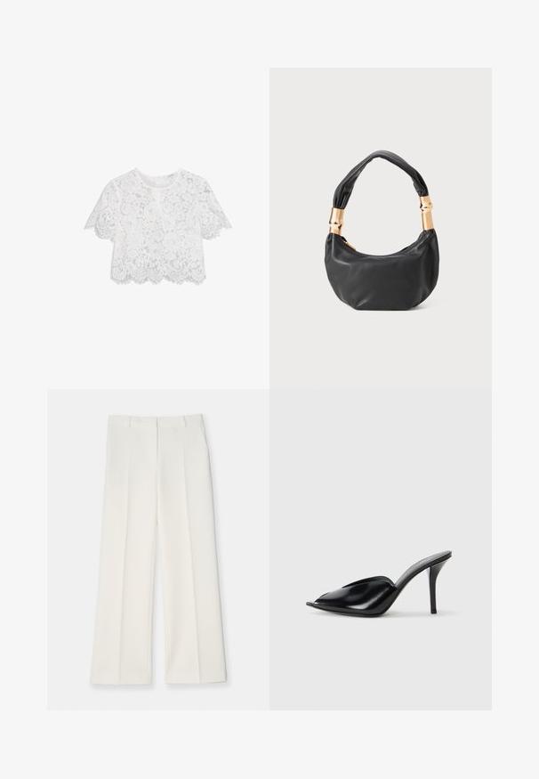 Weißes Spitzen-Crop-Top mit kurzen Ärmeln, Blumenmuster, gewelltem Saum und einer subtilen strukturierten Optik. Mit einem Reißverschlussverschluss im Rücken.; Weite Hose aus leichtem cremefarbenem Stoff, mit einer glatten Textur, vorderen Falten und zwei Seitentaschen. Maßgeschneiderter Bund.; Schwarze Leder-High-Heels mit offener Zehenpartie, spitzem Design, glatter Textur und schmalem Stiletto-Absatz.; Schwarze Lederhandtasche mit runder Form, weicher Textur und einem geknoteten Griff mit goldfarbenen Hardware-Akzenten. Reißverschlussverschluss.