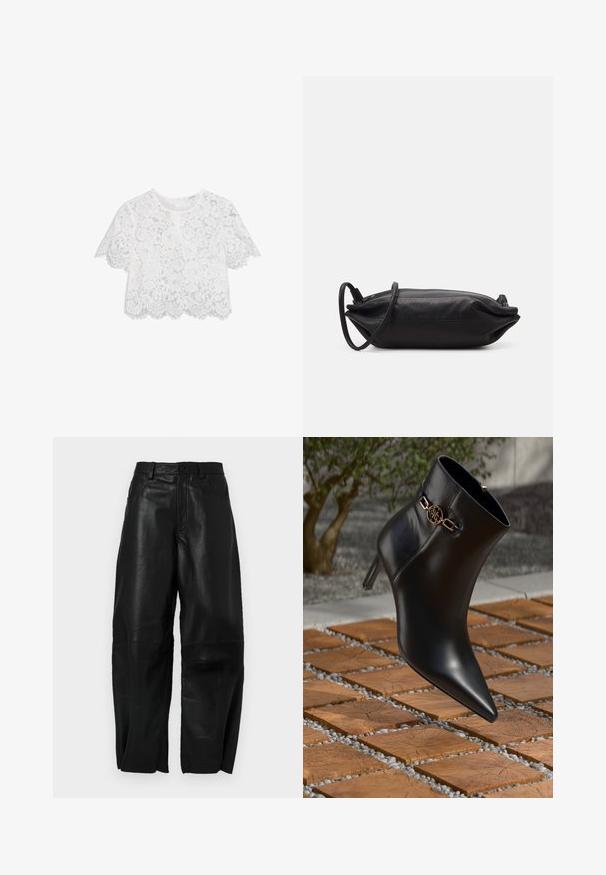 Weißes Spitzen-Crop-Top mit kurzen Ärmeln, Blumenmuster, gewelltem Saum und einer subtilen strukturierten Optik. Mit einem Reißverschlussverschluss im Rücken.; Schwarze Lederhose mit lockerer Passform, geradem Bein, Fronttaschen und sichtbaren Nähten.; Schwarze Leder-Ankle-Boots mit spitzem Zehen und kleinem Absatz. Mit einem goldenen Kettenakzent am Knöchel. Umgeben von einer strukturierten Steoberfläche.; Schwarze Leder-Clutch mit rechteckiger Form, glatter Textur, dünnem Schulterriemen und minimalistischer Gestaltung.