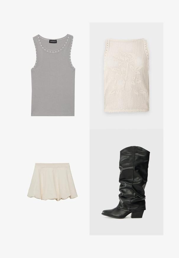 Harmaa hihaton toppi ribbikankaasta, jossa on pyöreä kaula-aukko ja valkoiset pistekoristeet reunoilla. Siisti helman viimeistely.; Virkattu toppi vaaleanbeigessä värissä, jossa on avoin kudontamalli. Ominaisuuksiin kuuluvat aaltoilevat reunat, kankaaseen neulottu kukkakehys ja olkaimeton leikattu muoto.; Hame vaale beige-värinen, pehmeä ja sileä tekstuuri, levenevä muotoilu ja aaltomaisesti leikattu helma. Varustettu leveällä elastisella vyötärönauhoilla mukavuutta varten.; Mustat nahkaiset polvipituiset saappaat, joissa on renksumainen muotoilu, terävä kärki ja paksu korko, jotka omaavat sileän pinnan ja minimaalisen ompeleen.