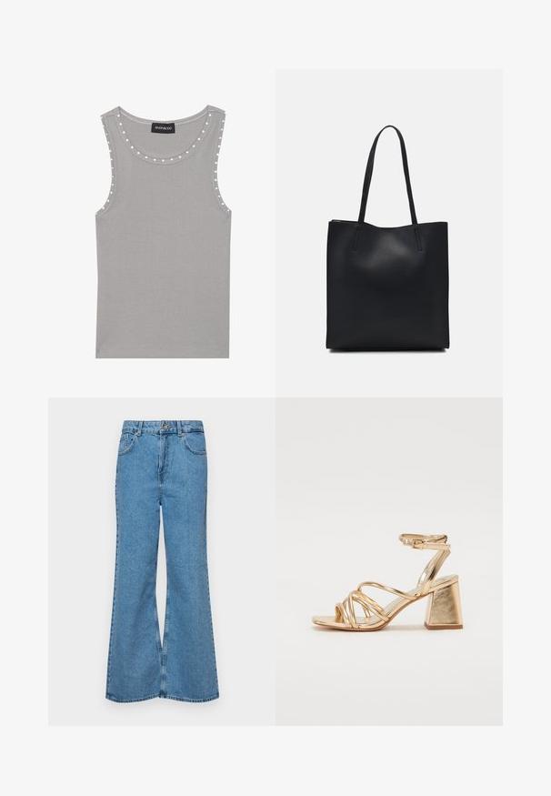 Gray sleeveless top made of ribbed fabric, featuring a rounded neckline with white dot accents along the edges. Clean hem finish.; Light blue flared jeans made of denim, featuring a high waist, five pockets, and a single button closure. Soft texture with faded finish.; Gold metallic heeled sandals featuring a strappy design, square block heel, and adjustable ankle strap with a buckle. Smooth texture.; Black leather tote bag with smooth texture, rectangular shape, and two long handles. No visible hardware or embellishments.