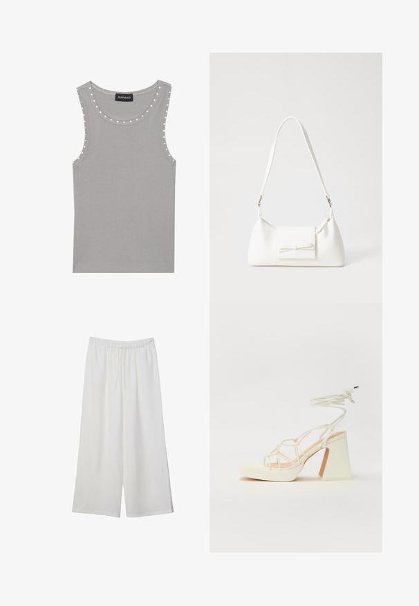 Šedý bezrukávový top vyrobený z žebrované látky, s kulatým výstřihem a bílými tečkami podél okrajů. Úhledně zakončený lem.; Bílé kalhoty s širokými nohavicemi vyrobené z lehké tkaniny, s elastickým pasem a stahovací šňůrkou pro nastavitelnou velikost. Hladká textura.; Bílé sandály na vysokém podpatku s robustním podpatkem, s designem s pásky a zavazováním kolem kotníku. Hladký povrch s platformou vpředu pro zvýšení výšky.; Bílá syntetická kabelka v trojúhelníkovém tvaru, s plochým předním klopným víkem a detailem mašle, nastavitelným popruhem, hladkým povrchem a minimalistickým designem.