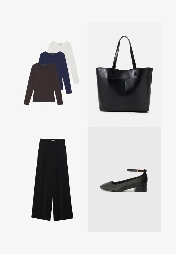 Komplet treh majic z dolgimi rokavi v rjavi, modri in beli barvi, z v-izrezom in izdelanih iz mehke bombažne tkanine.; Črne široke hlače iz teksturirane tkanine, z elastičnim pasom in odstranljivim trakom na pasu za prilagodljivo prileganje.; Črne usnjene pumpice z nazobčanimi prsti in nizko blokasto peto. Imajo trak okoli gležnja z zaponko v zlatem tonu. Gladka tekstura.; Črna usnjena torba z dvema dolgima ročajema, gladko teksturo in strukturirano obliko. Ima sprednji žep za dodatno shranjevanje.