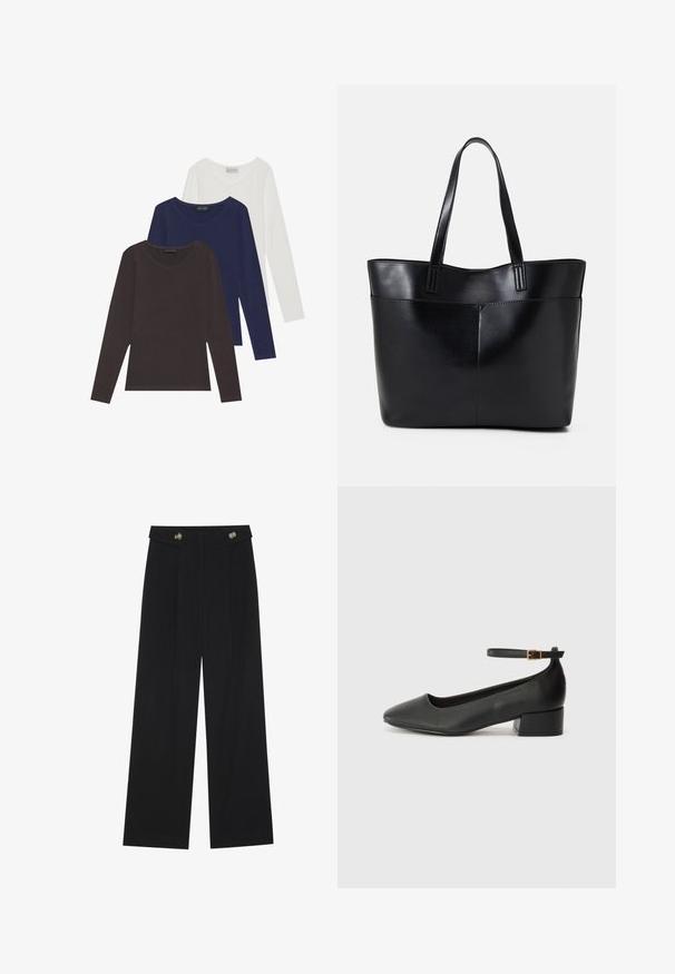 Komplet treh majic z dolgimi rokavi v rjavi, modri in beli barvi, z v-izrezom in izdelanih iz mehke bombažne tkanine.; Črne široke hlače s visokim pasom, gumbnimi detajli na pasu in sprednjimi gubami.; Črne usnjene pumpice z nazobčanimi prsti in nizko blokasto peto. Imajo trak okoli gležnja z zaponko v zlatem tonu. Gladka tekstura.; Črna usnjena torba z dvema dolgima ročajema, gladko teksturo in strukturirano obliko. Ima sprednji žep za dodatno shranjevanje.