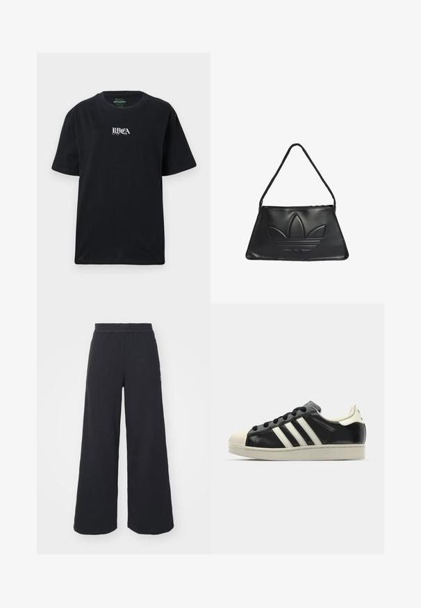 Czarny bawełniany t-shirt o luźnym kroju. Posiada biały nadruk logo "RVCA" na przedniej stronie. Krótkie rękawy i okrągły dekolt.; Czarne szerokie spodnie dresowe wykonane z miękkiego materiału, z elastycznym paskiem w talii oraz małym logo po lewej stronie.; Czarne skórzane trampki z białymi paskami, gumowym czubkiem, czarnymi sznurówkami i kremową podeszwą. Gładka faktura z połyskującym wykończeniem.; Czarna skórzana torebka w kształcie trapezu, z wystającym logo Adidas i cienkim paskiem na ramię. Zamknięcie na zamek błyskawiczny u góry.