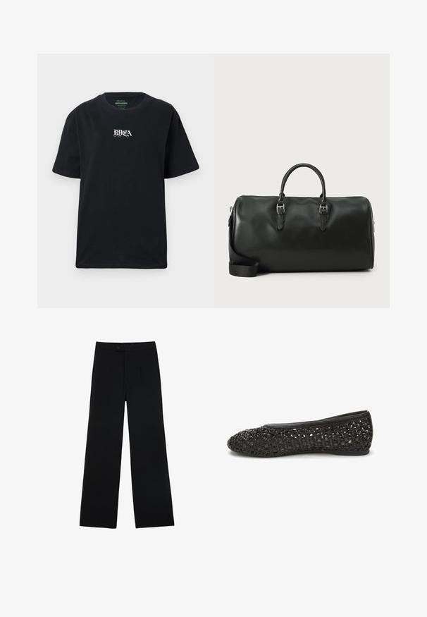 Sort bomulds t-shirt med en afslappet pasform. Har et hvidt "RVCA" logo trykt på fronten. Korte ærmer og rund halsdesign.; Sorte vidde bukser lavet af glat stof, med en frontknaplukning og to plissee for ekstra detaljer. Skræddersyet design i det hele taget.; Sorte flade sko med en tekstureret, vævet overdelen og glat læderkant. Rund tå og lavprofil sål for komfort og fleksibilitet.; Sort læder weekendtaske med dobbelt håndtag, sølv hardware og en justerbar skulderrem. Glat tekstur med lynlås lukning.