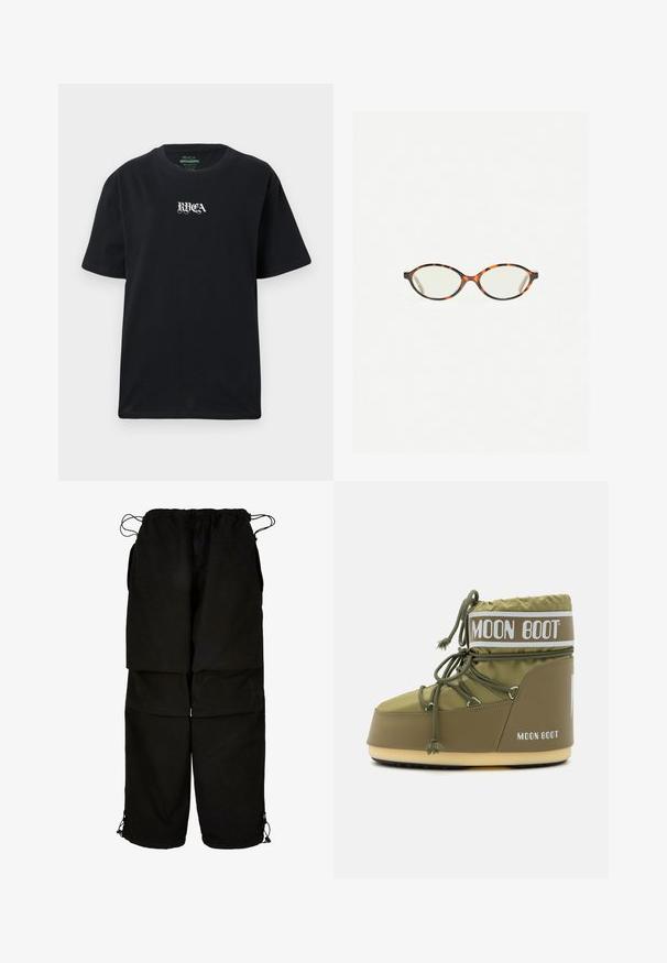 Tricou negru din bumbac cu o croială lejeră. Prezintă un logo alb "RVCA" impriminat pe față. Mâneci scurte și un decolteu rotund.; Pantaloni negri dintr-un material ușor, cu talie ajustabilă și margini cu șnur. Proiectați cu un croi lejer, supradimensionat și multiple buzunare.; Moon Boot ICON LOW UNISEX - Cizme de iarnă - khaki; Ochelari cu ramă din tartan, cu lentile ovale și un finisaj elegant, neted. Prezintă margini subțiri cu o curbură subtilă la tâmple. Lentile clare.
