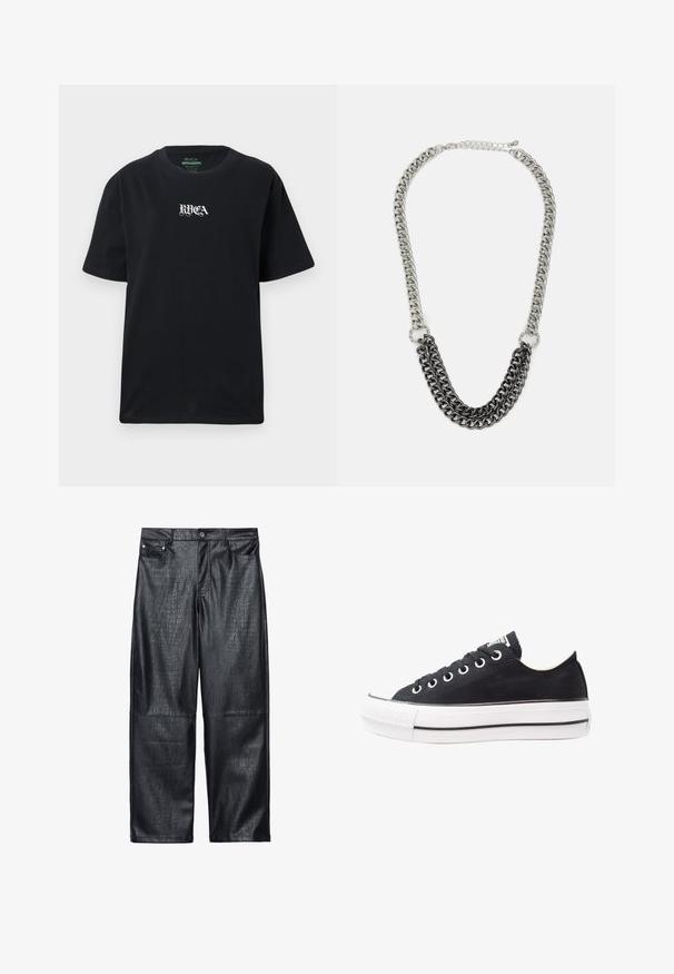 Czarny bawełniany t-shirt o luźnym kroju. Posiada biały nadruk logo "RVCA" na przedniej stronie. Krótkie rękawy i okrągły dekolt.; Czarne szerokie spodnie z faux skóry z teksturą krokodyla, tradycyjnym pięciokieszeniowym krojem oraz srebrnymi guzikami i nitami.; Czarne trampki na canvasie z białą gumową podeszwą, okrągłym noskiem, niskim fasonem, metalowymi oczkami oraz teksturowanym noskiem. Cienka czarna linia wzdłuż podeszwy.; Metalowa naszyjnik łańcuszkowy z naprzemiennie srebrnymi i czarnymi ogniwami. Charakteryzuje się trójwarstwowym designem oraz zapięciem z regulowanym łańcuszkiem.